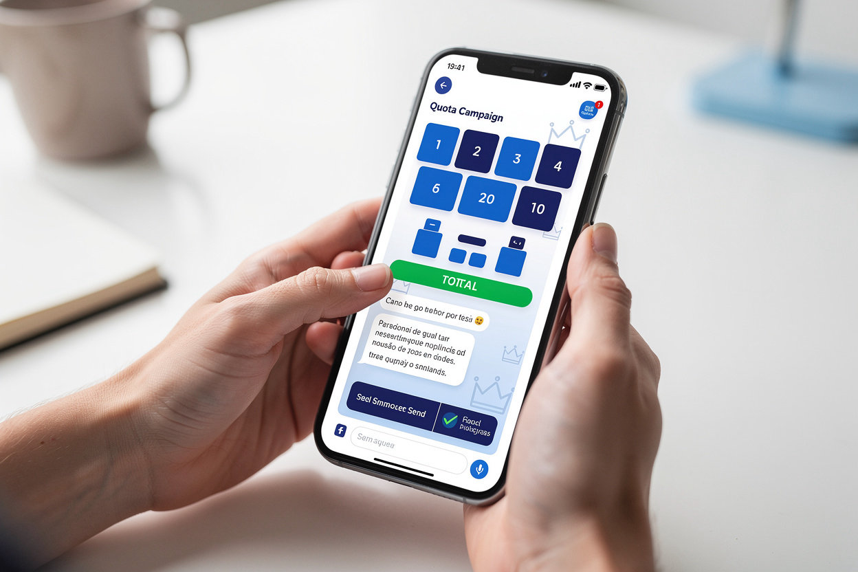 Celular exibindo cotas numeradas em azul e branco para campanha de cotas do Império da Sorte