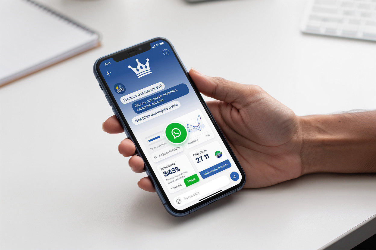Celular com conversa de WhatsApp e coroa azul do Império da Sorte para contato sobre campanhas de cotas