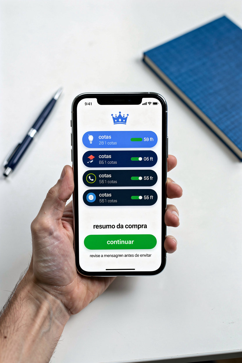 Império da Sorte: celular mostrando cotas de sorteio selecionadas em azul e botão verde para continuar o pedido pelo WhatsApp