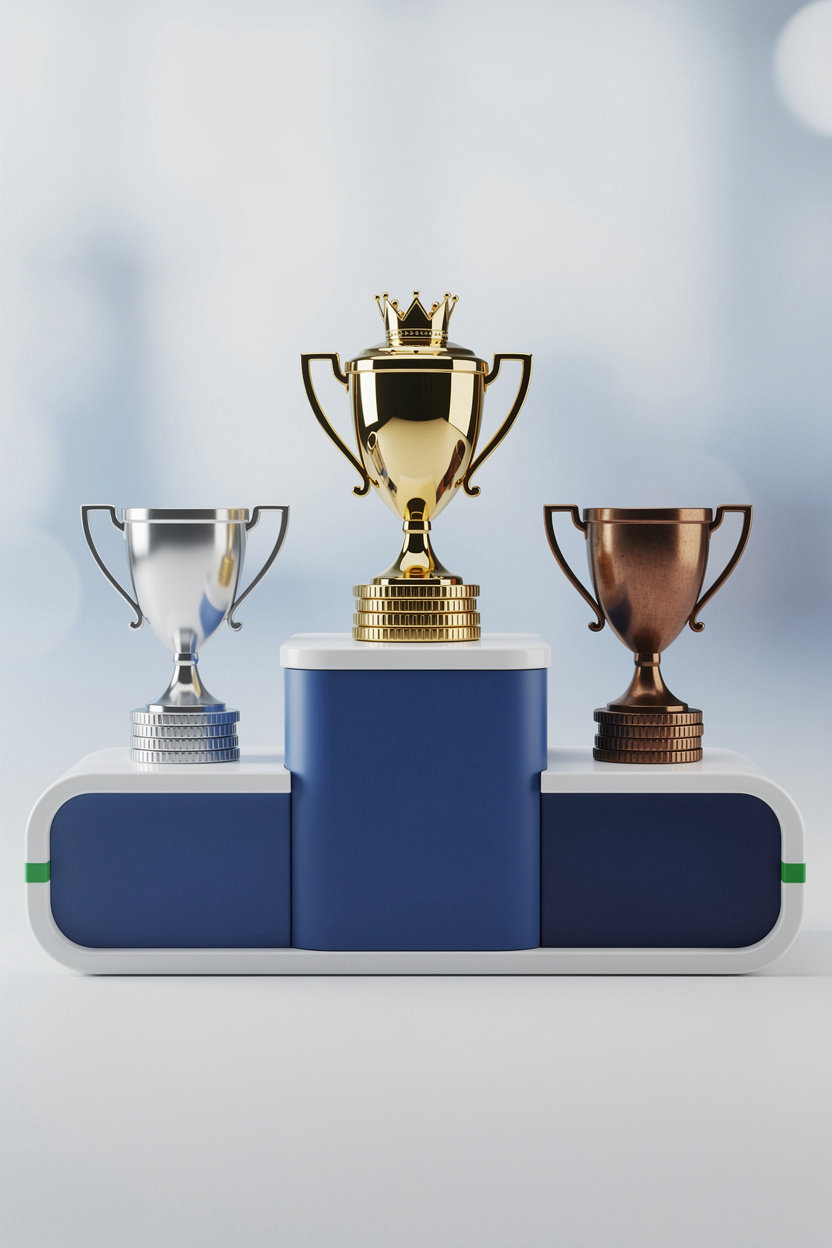 Império da Sorte premiação em 3 posições para sorteio com 3 prêmios, troféu em tons de azul e branco
